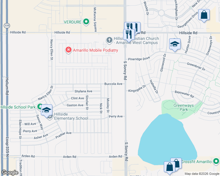 map of restaurants, bars, coffee shops, grocery stores, and more near 6603 Mosley Street in Amarillo