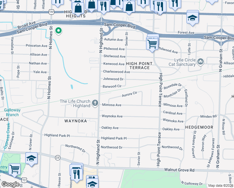 map of restaurants, bars, coffee shops, grocery stores, and more near 3549 Barwood Circle in Memphis