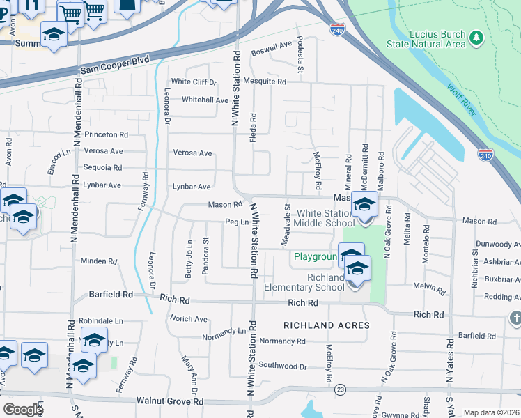 map of restaurants, bars, coffee shops, grocery stores, and more near 5281 Mason Road in Memphis