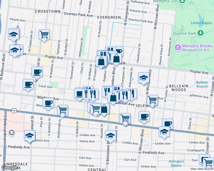 map of restaurants, bars, coffee shops, grocery stores, and more near 94 Angelus Street in Memphis