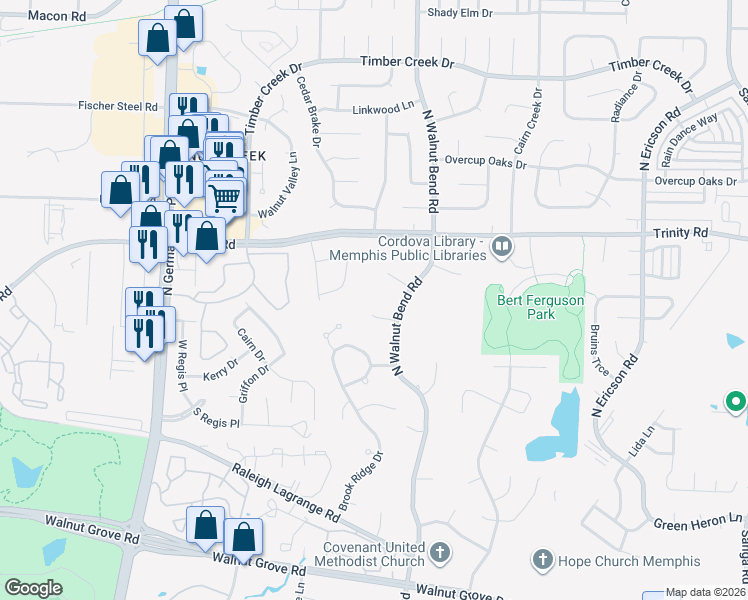 map of restaurants, bars, coffee shops, grocery stores, and more near 8294 Cedar Trail Cove in Memphis