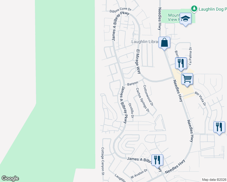 map of restaurants, bars, coffee shops, grocery stores, and more near 3123 Terrace View Drive in Laughlin