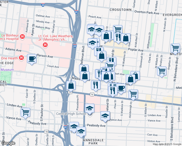 map of restaurants, bars, coffee shops, grocery stores, and more near Court Avenue in Memphis