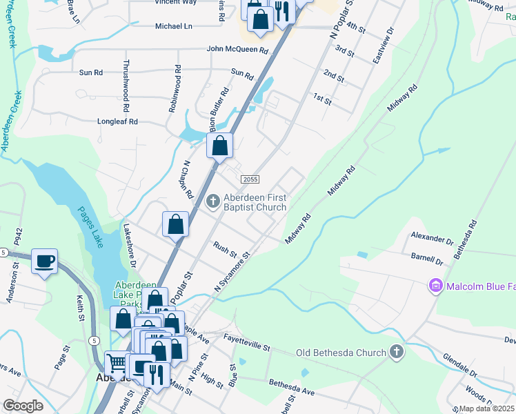 map of restaurants, bars, coffee shops, grocery stores, and more near 310 Peach Avenue in Aberdeen