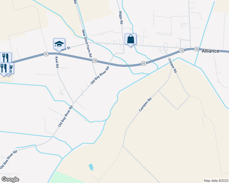 map of restaurants, bars, coffee shops, grocery stores, and more near Old Bay River Road in Alliance