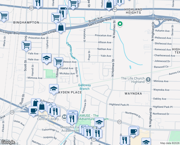 map of restaurants, bars, coffee shops, grocery stores, and more near 306 Eastview Street in Memphis