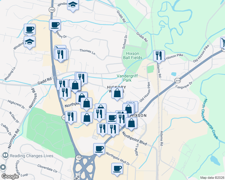 map of restaurants, bars, coffee shops, grocery stores, and more near 5219 Austin Road in Chattanooga