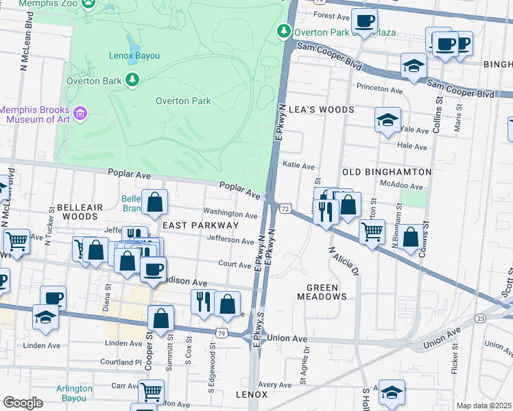 map of restaurants, bars, coffee shops, grocery stores, and more near 159 East Parkway North in Memphis
