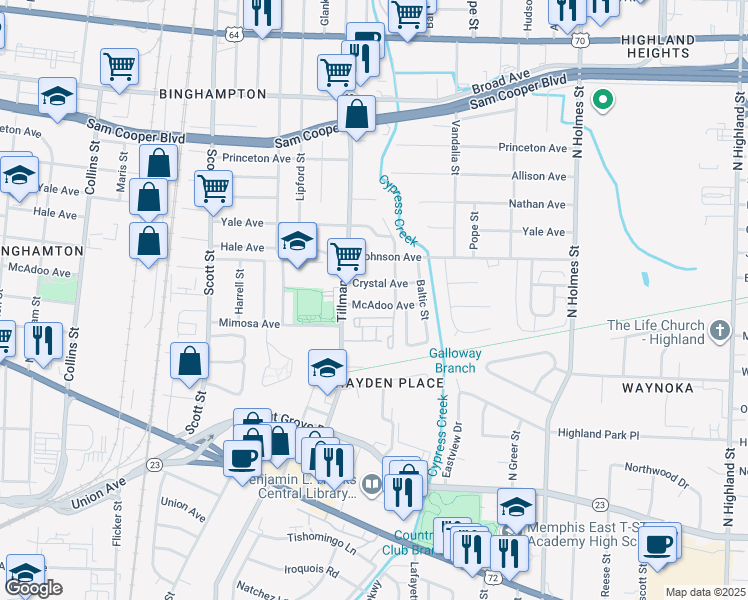map of restaurants, bars, coffee shops, grocery stores, and more near 3009 Crystal Avenue in Memphis