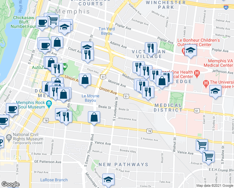 map of restaurants, bars, coffee shops, grocery stores, and more near Union Ave & S Lauderdale St in Memphis