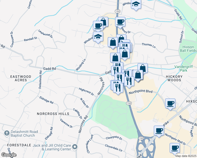 map of restaurants, bars, coffee shops, grocery stores, and more near 4707 Sabrina Lane in Chattanooga