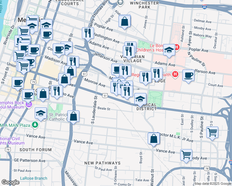map of restaurants, bars, coffee shops, grocery stores, and more near 607 Monroe Avenue in Memphis
