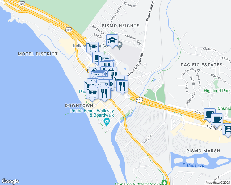 map of restaurants, bars, coffee shops, grocery stores, and more near 350 Hinds Avenue in Pismo Beach