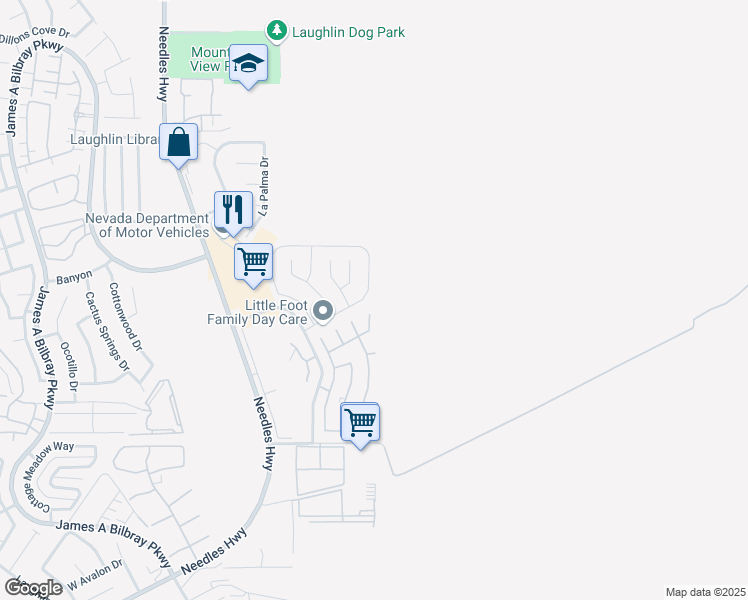 map of restaurants, bars, coffee shops, grocery stores, and more near 1601 West Paloma Avenue in Laughlin