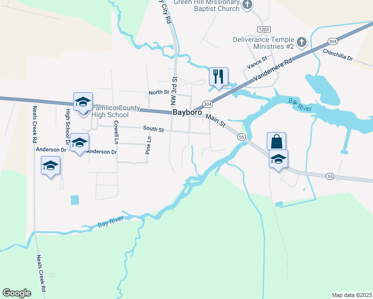 map of restaurants, bars, coffee shops, grocery stores, and more near 201 2nd Street in Bayboro