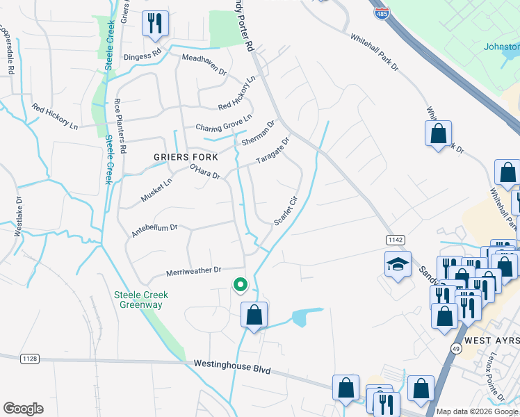 map of restaurants, bars, coffee shops, grocery stores, and more near 2627 Scarlet Circle in Charlotte