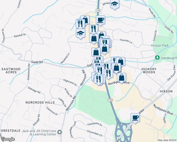map of restaurants, bars, coffee shops, grocery stores, and more near 4717 Metro Park Lane in Chattanooga