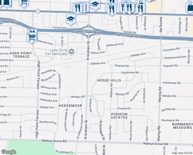 map of restaurants, bars, coffee shops, grocery stores, and more near 319 North Rose Road in Memphis