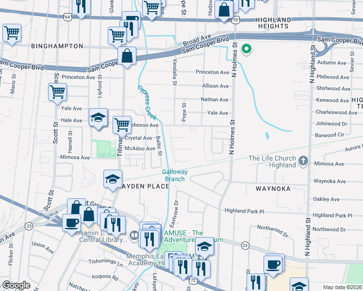 map of restaurants, bars, coffee shops, grocery stores, and more near 306 Eastview Street in Memphis