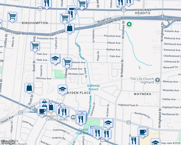 map of restaurants, bars, coffee shops, grocery stores, and more near 300 Baltic Street in Memphis