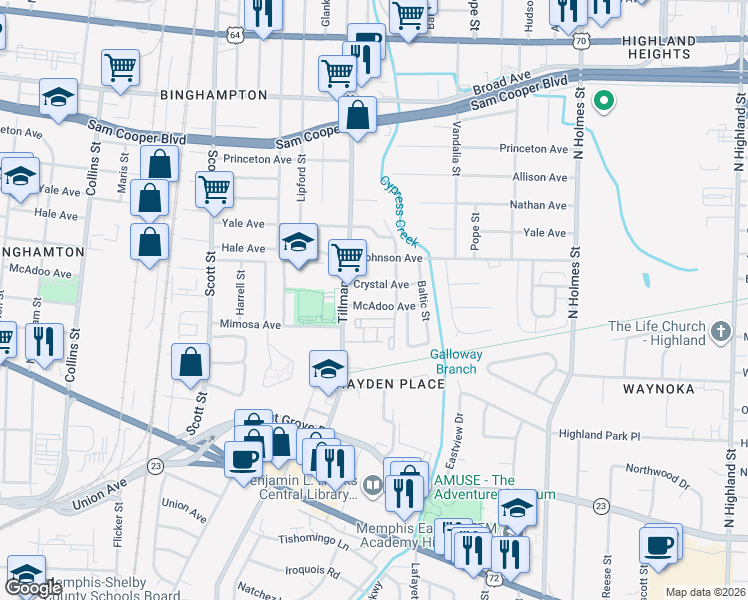 map of restaurants, bars, coffee shops, grocery stores, and more near 3009 Crystal Avenue in Memphis