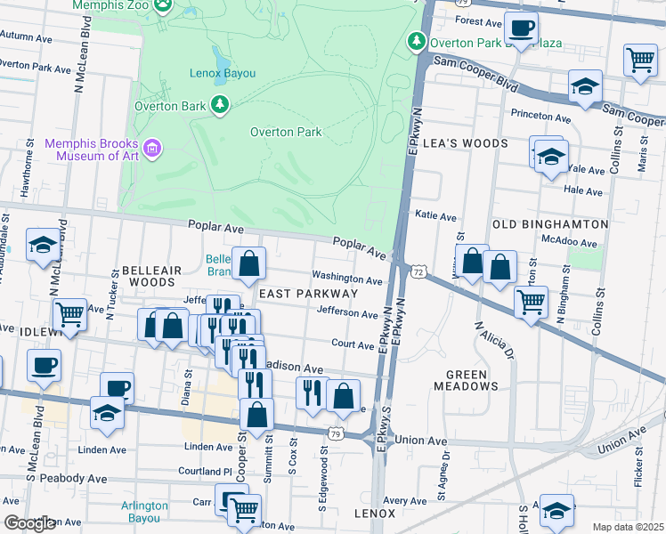 map of restaurants, bars, coffee shops, grocery stores, and more near 2228 Washington Avenue in Memphis