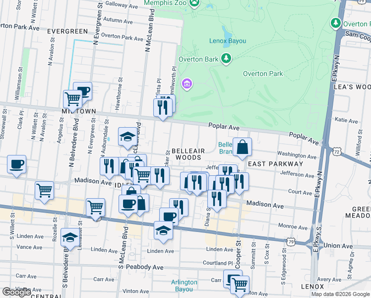 map of restaurants, bars, coffee shops, grocery stores, and more near 117 North Rembert Street in Memphis