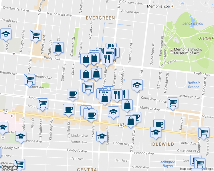 map of restaurants, bars, coffee shops, grocery stores, and more near 94 North Belvedere Boulevard in Memphis