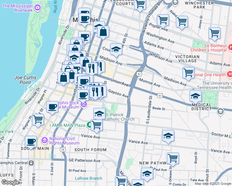 map of restaurants, bars, coffee shops, grocery stores, and more near 285 Gayoso Avenue in Memphis
