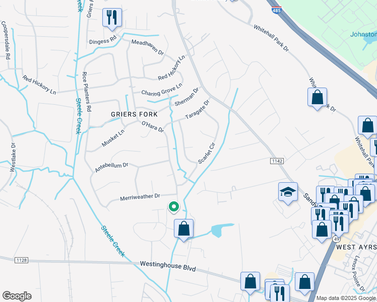 map of restaurants, bars, coffee shops, grocery stores, and more near 2627 Scarlet Circle in Charlotte