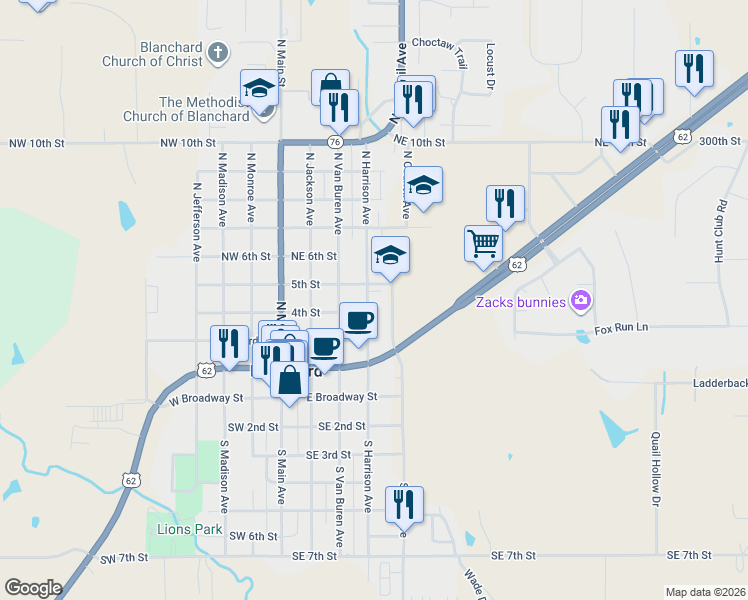 map of restaurants, bars, coffee shops, grocery stores, and more near 400 North Harrison Avenue in Blanchard