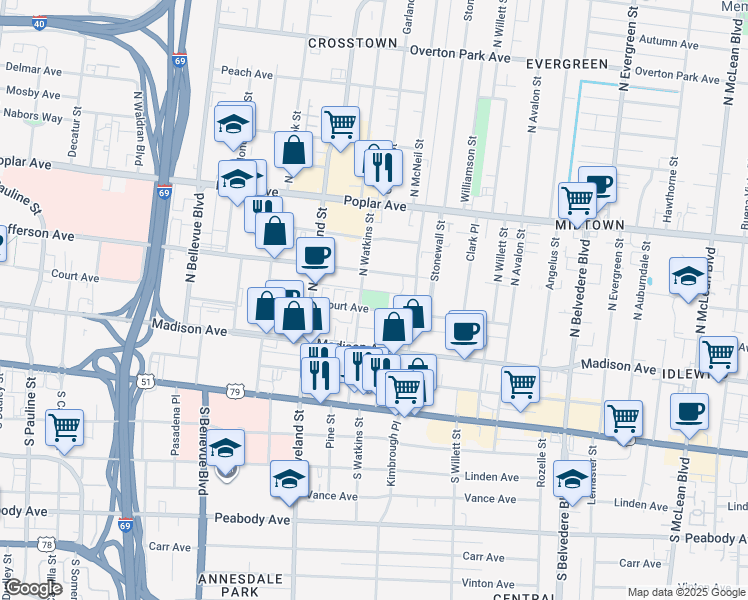 map of restaurants, bars, coffee shops, grocery stores, and more near 1414 Court Avenue in Memphis
