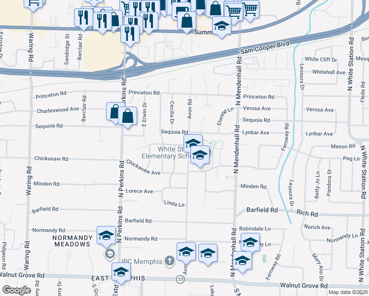 map of restaurants, bars, coffee shops, grocery stores, and more near 349 Avon Road in Memphis