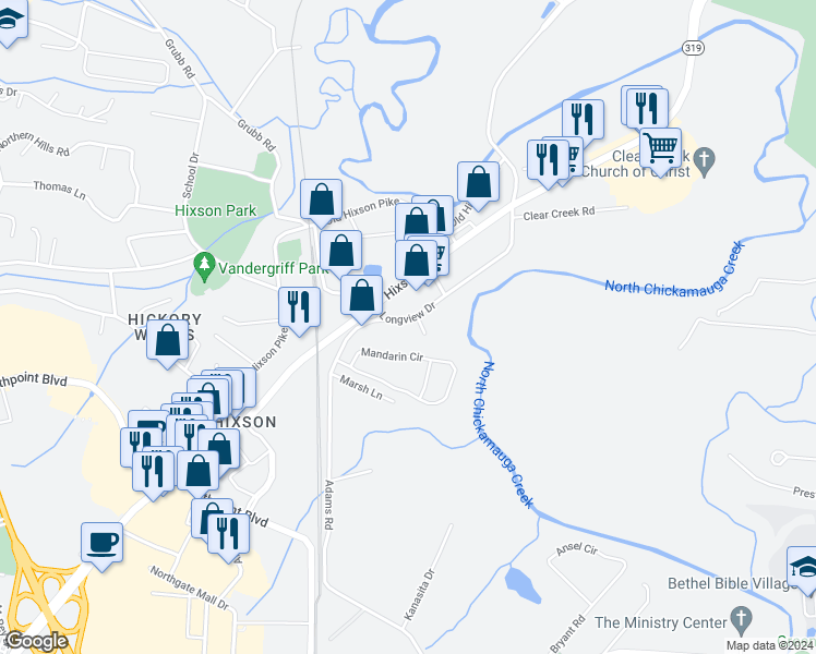 map of restaurants, bars, coffee shops, grocery stores, and more near 5408 Longview Drive in Chattanooga