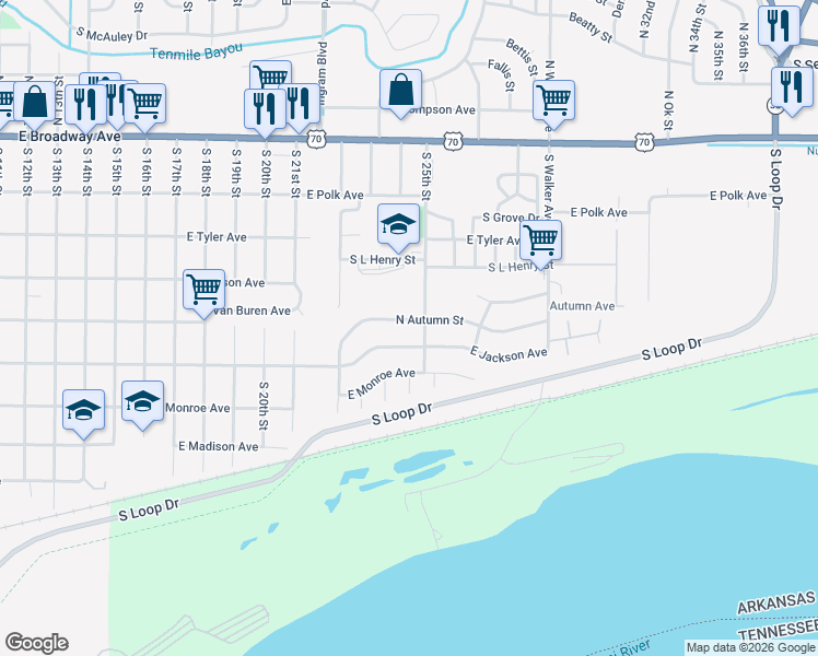 map of restaurants, bars, coffee shops, grocery stores, and more near 505 South 25th Street in West Memphis