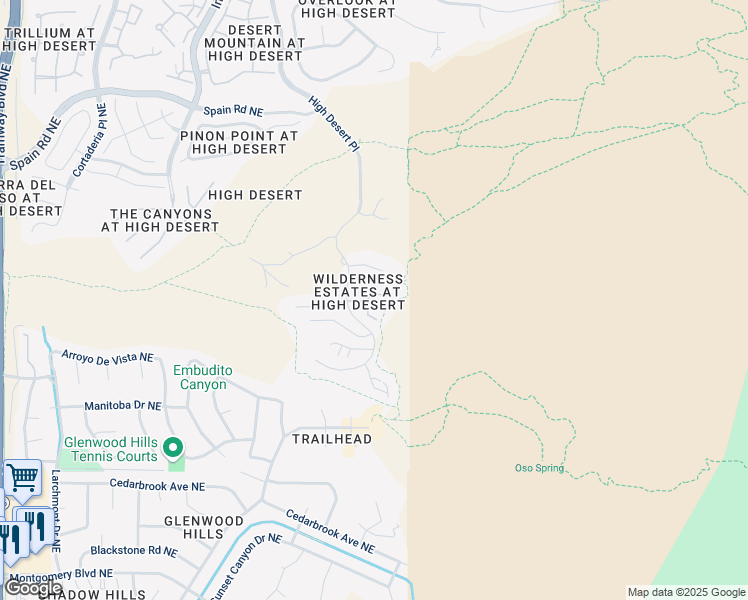 map of restaurants, bars, coffee shops, grocery stores, and more near 13601 Wilderness Tr Northeast in Albuquerque