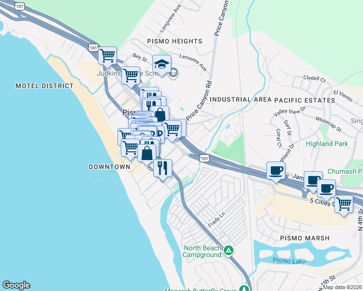 map of restaurants, bars, coffee shops, grocery stores, and more near 400 Stimson Avenue in Pismo Beach