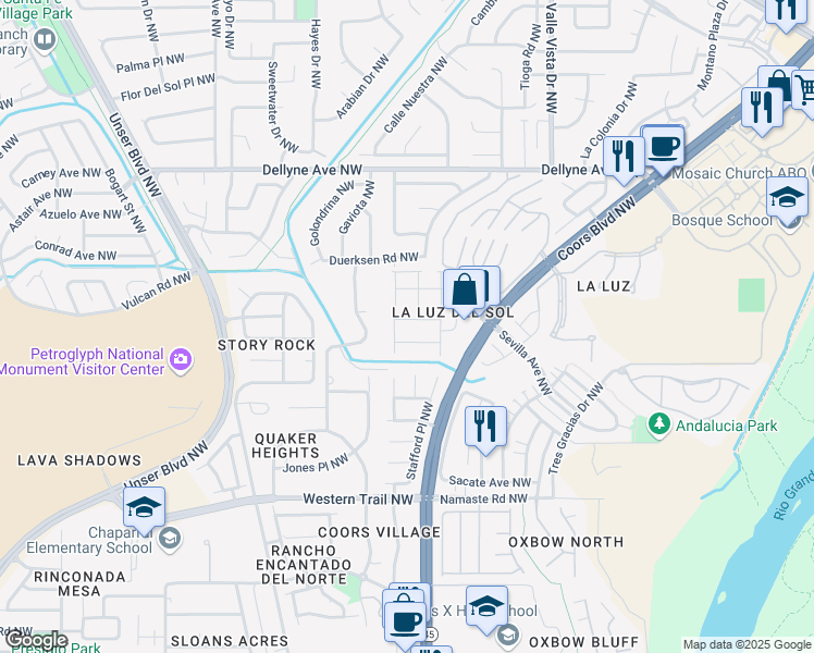 map of restaurants, bars, coffee shops, grocery stores, and more near 5528 Costa Uerde Road Northwest in Albuquerque