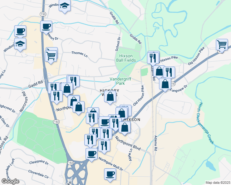 map of restaurants, bars, coffee shops, grocery stores, and more near 5224 Hickory Woods Lane in Chattanooga