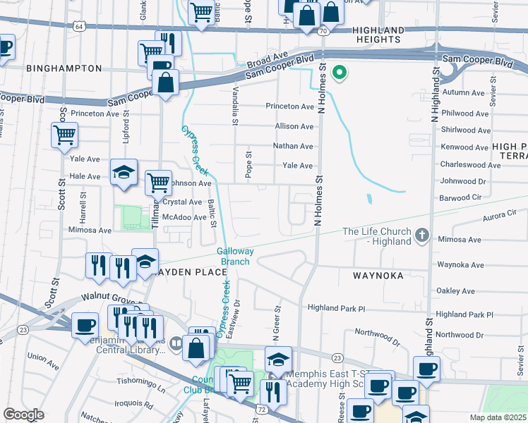map of restaurants, bars, coffee shops, grocery stores, and more near 3175 Johnson Avenue in Memphis