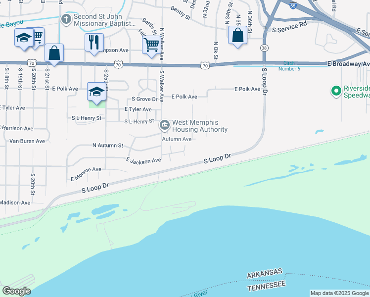map of restaurants, bars, coffee shops, grocery stores, and more near 3119 East Jackson Avenue in West Memphis