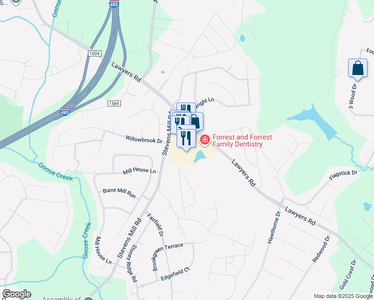 map of restaurants, bars, coffee shops, grocery stores, and more near 7800j Stevens Mill Road in Matthews