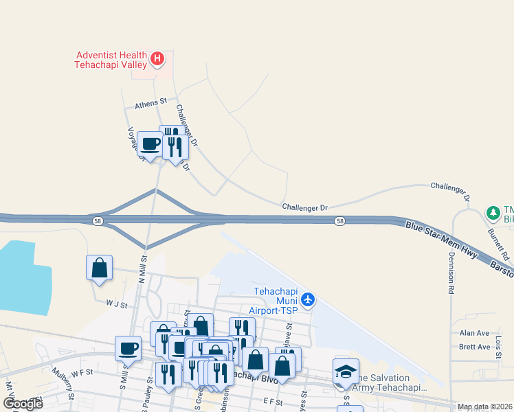 map of restaurants, bars, coffee shops, grocery stores, and more near Challenger Drive in Tehachapi