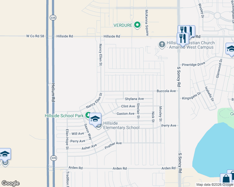 map of restaurants, bars, coffee shops, grocery stores, and more near 9309 Buccola Avenue in Amarillo