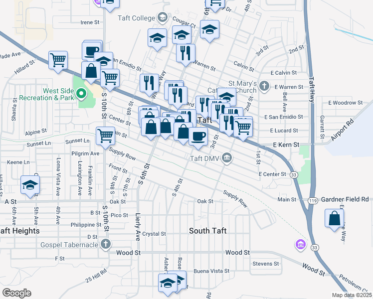 map of restaurants, bars, coffee shops, grocery stores, and more near 417 Center Street in Taft