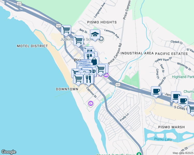map of restaurants, bars, coffee shops, grocery stores, and more near in Pismo Beach