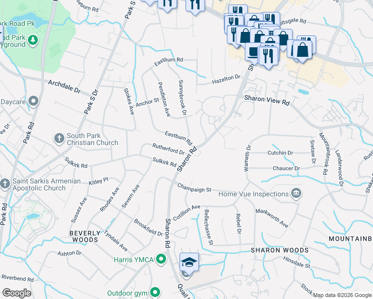 map of restaurants, bars, coffee shops, grocery stores, and more near 4139 Rutherford Drive in Charlotte