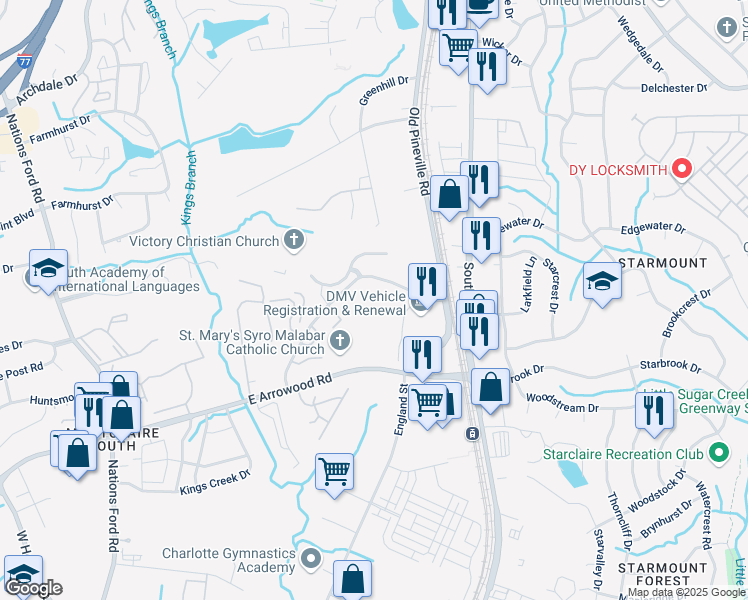 map of restaurants, bars, coffee shops, grocery stores, and more near 7347-7515 Kings Ridge Drive in Charlotte