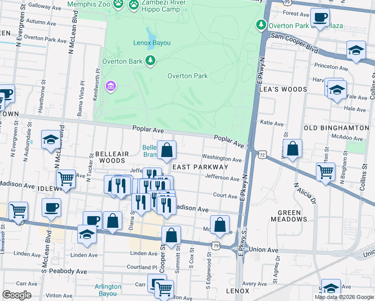 map of restaurants, bars, coffee shops, grocery stores, and more near 2180 Washington Avenue in Memphis