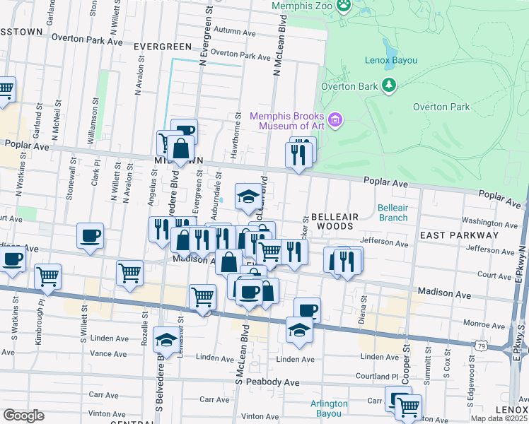 map of restaurants, bars, coffee shops, grocery stores, and more near 115 Barksdale Court in Memphis